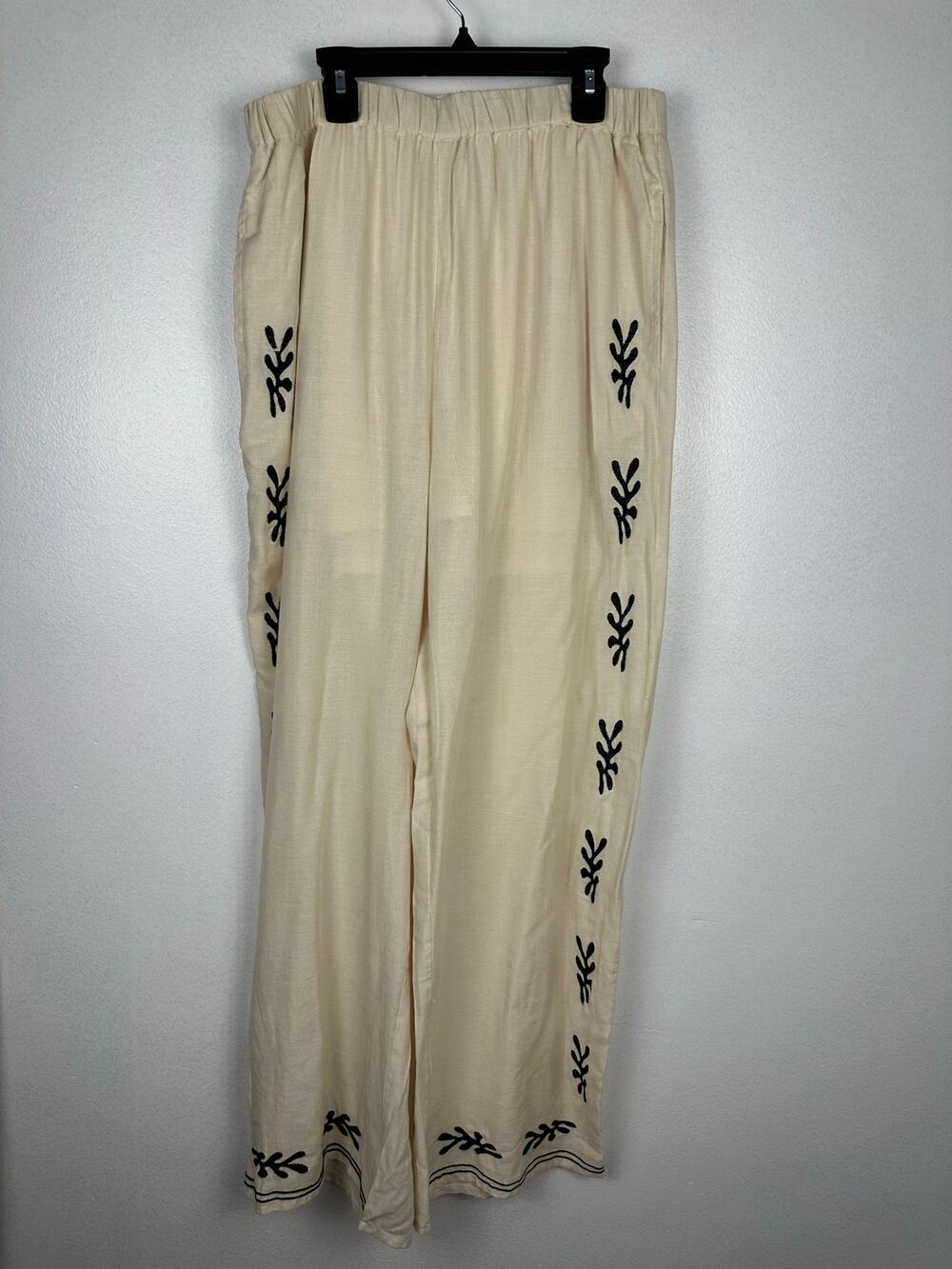 Live 4 Truth beige wide-leg pants bohemian black embroidery on sides large